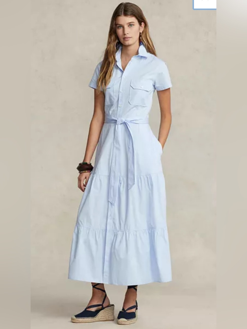 Polo by Ralph Lauren Pale Blue Button-Front Belted Tiered Shirt Dress